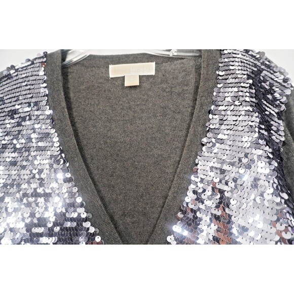 MICHAEL Michael Kors Grey Silver Sequin V-Neck Button Front Cardigan Sweater SzM - Picture 4 of 10